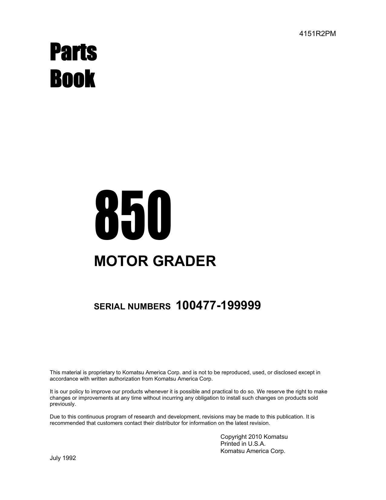, 850 MOTOR GRADER PARTS MANUAL